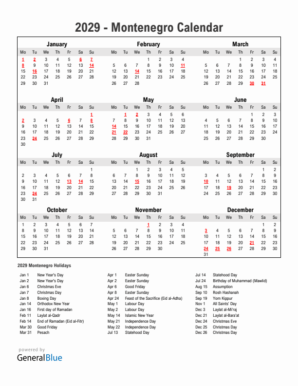 Year 2029 Simple Calendar With Holidays in Montenegro