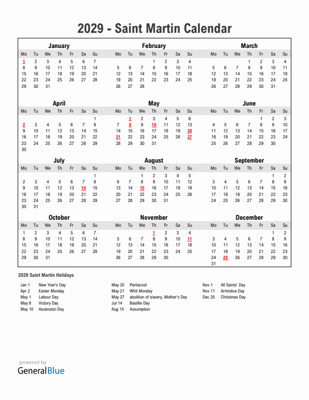 Year 2029 Simple Calendar With Holidays in Saint Martin