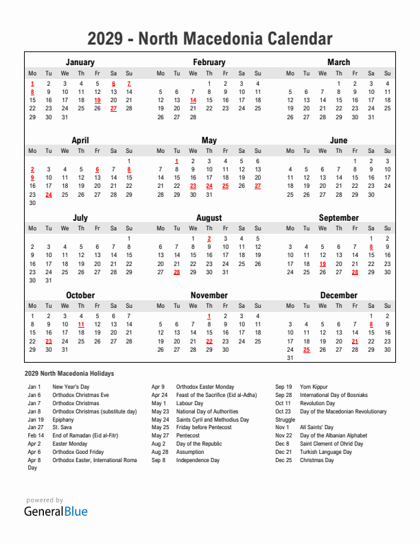 Year 2029 Simple Calendar With Holidays in North Macedonia