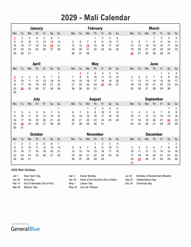 Year 2029 Simple Calendar With Holidays in Mali