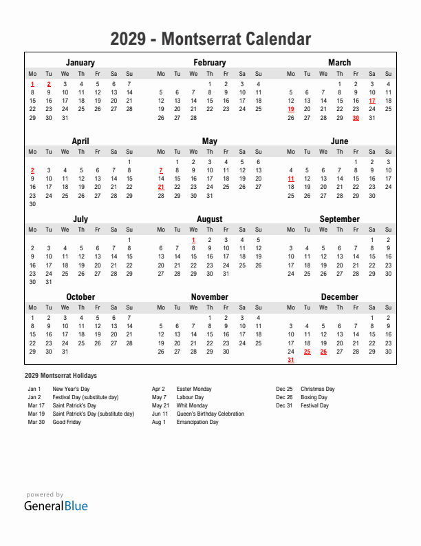 Year 2029 Simple Calendar With Holidays in Montserrat
