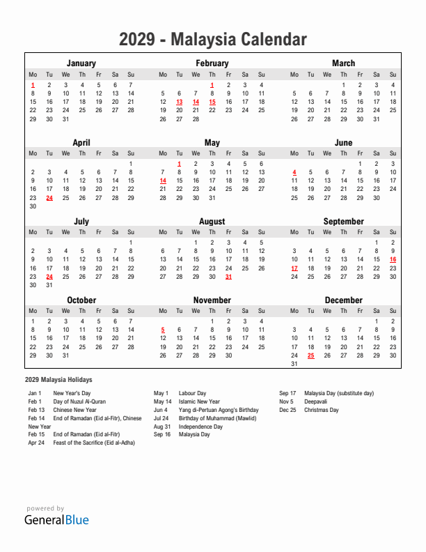 Year 2029 Simple Calendar With Holidays in Malaysia