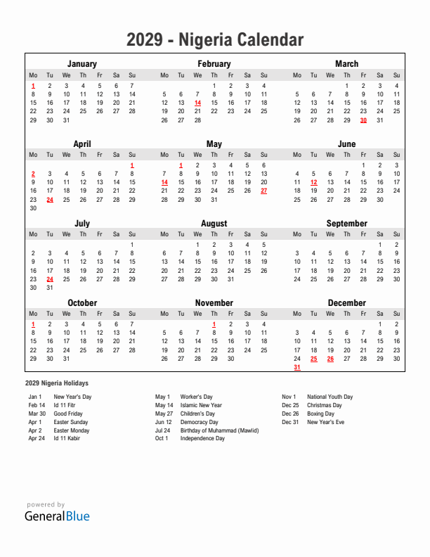 Year 2029 Simple Calendar With Holidays in Nigeria