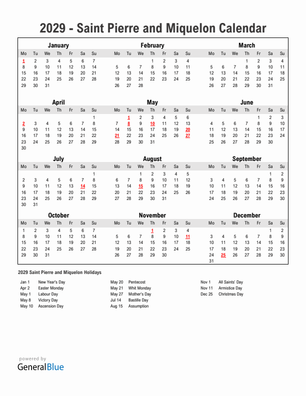 Year 2029 Simple Calendar With Holidays in Saint Pierre and Miquelon