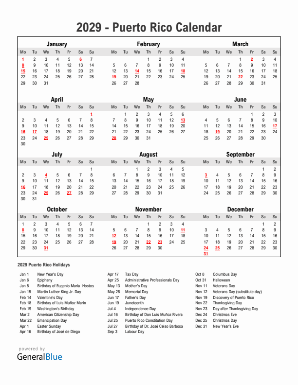Year 2029 Simple Calendar With Holidays in Puerto Rico