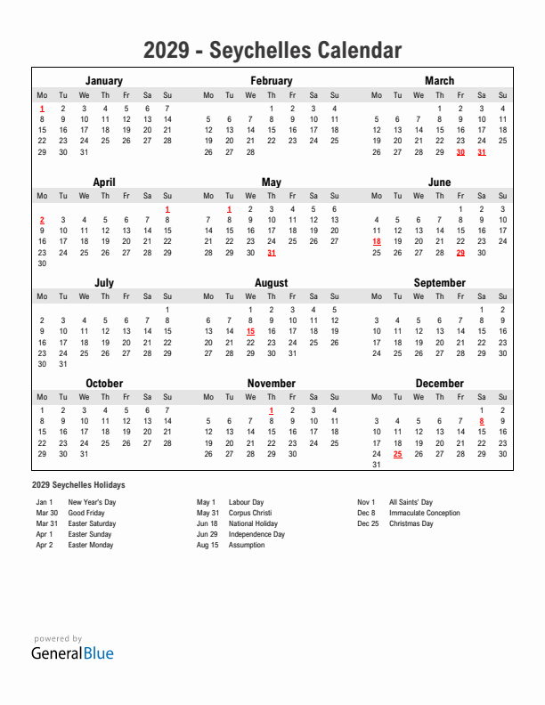 Year 2029 Simple Calendar With Holidays in Seychelles