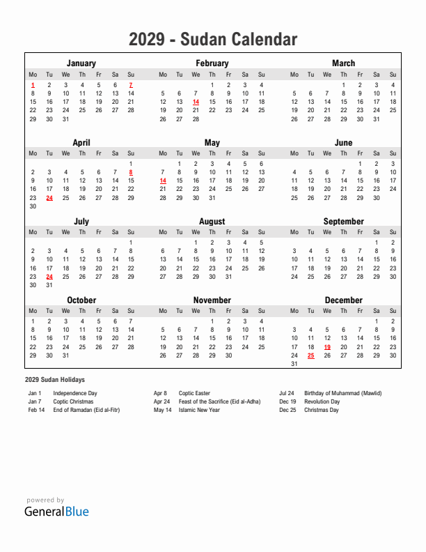 Year 2029 Simple Calendar With Holidays in Sudan