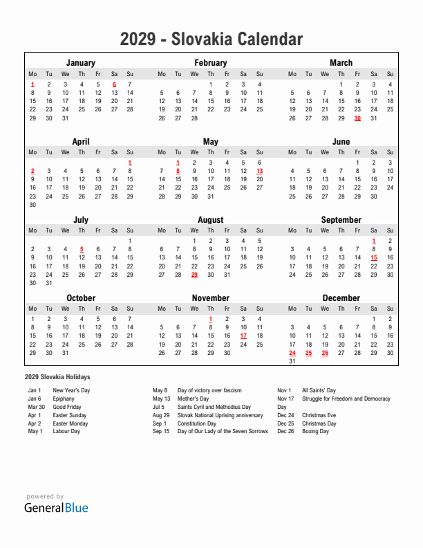 Year 2029 Simple Calendar With Holidays in Slovakia