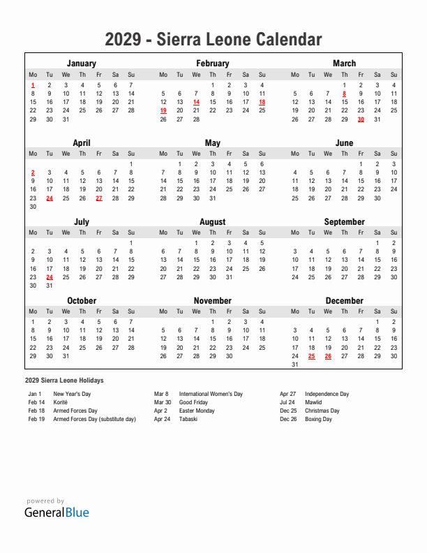 Year 2029 Simple Calendar With Holidays in Sierra Leone