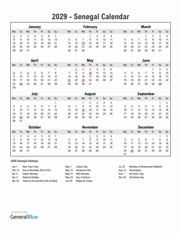 Year 2029 Simple Calendar With Holidays in Senegal