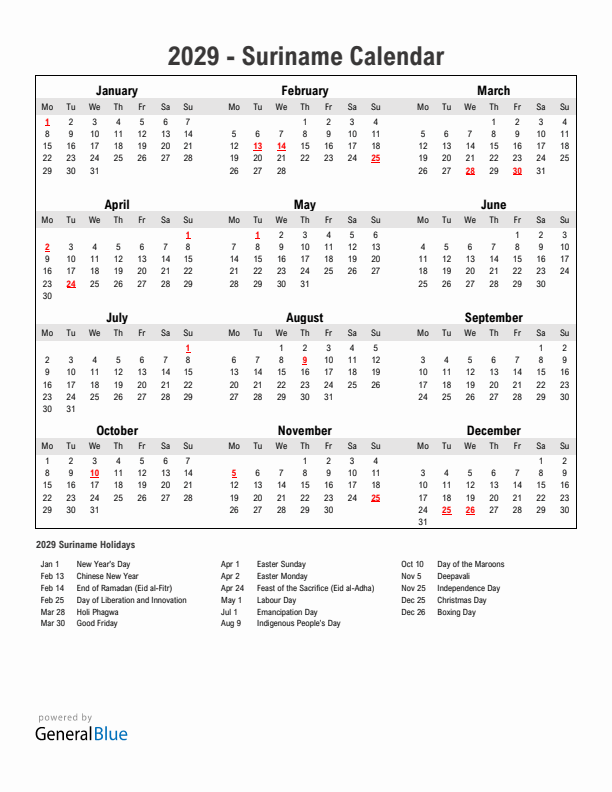 Year 2029 Simple Calendar With Holidays in Suriname