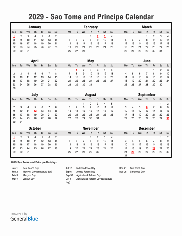 Year 2029 Simple Calendar With Holidays in Sao Tome and Principe