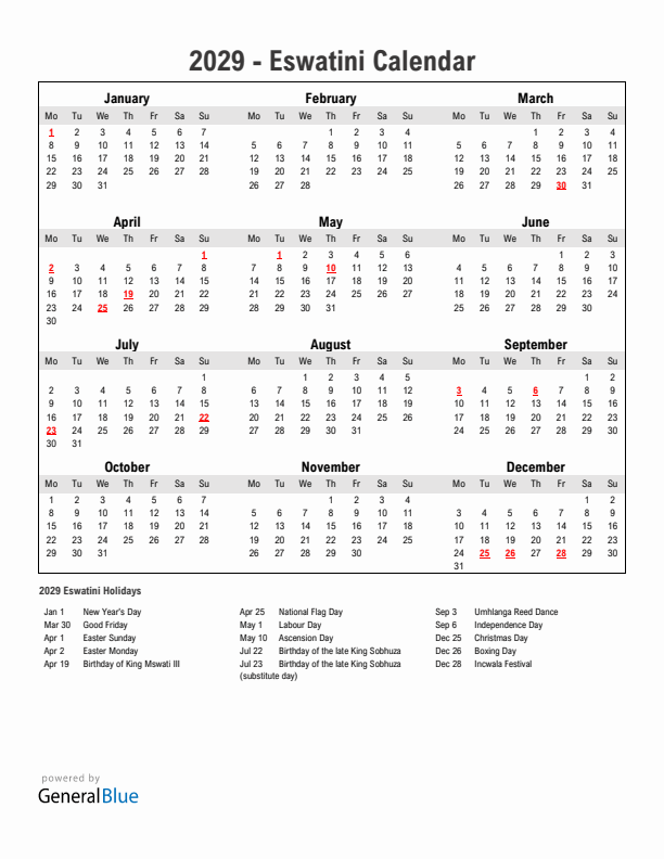 Year 2029 Simple Calendar With Holidays in Eswatini
