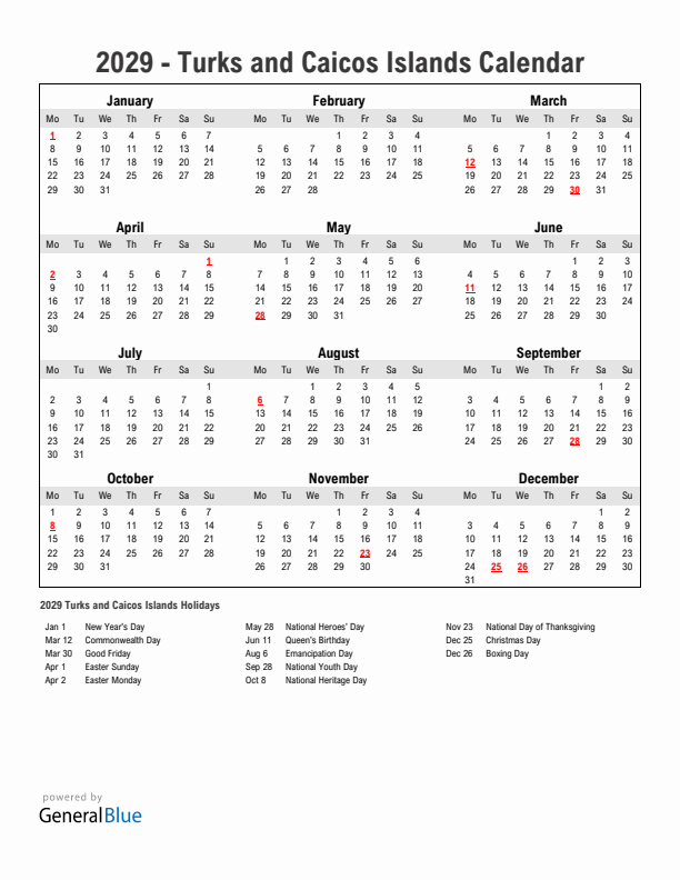 Year 2029 Simple Calendar With Holidays in Turks and Caicos Islands