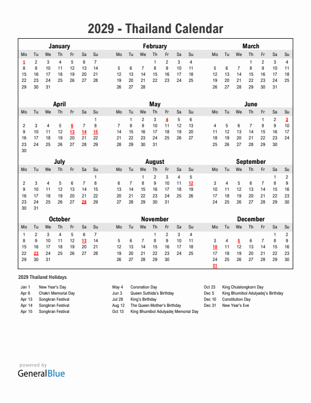 Year 2029 Simple Calendar With Holidays in Thailand