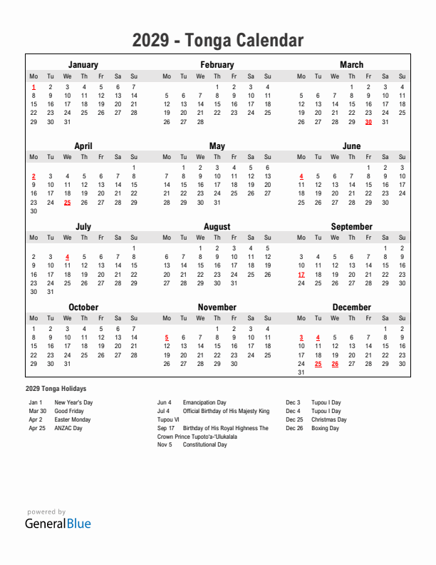 Year 2029 Simple Calendar With Holidays in Tonga