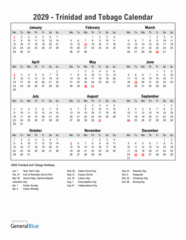 Year 2029 Simple Calendar With Holidays in Trinidad and Tobago