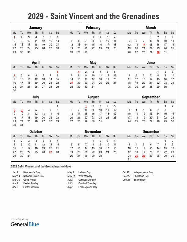 Year 2029 Simple Calendar With Holidays in Saint Vincent and the Grenadines