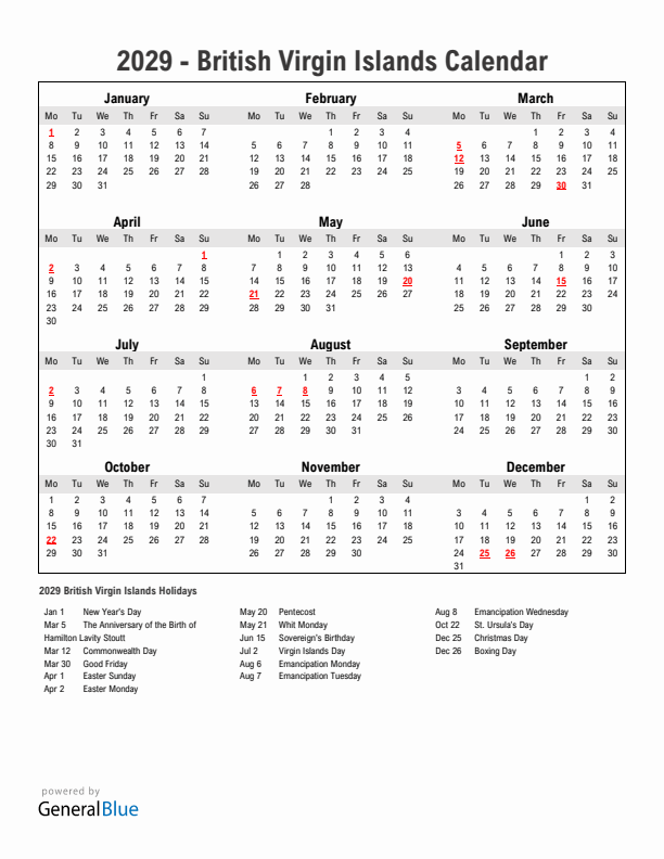 Year 2029 Simple Calendar With Holidays in British Virgin Islands