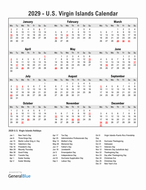 Year 2029 Simple Calendar With Holidays in U.S. Virgin Islands
