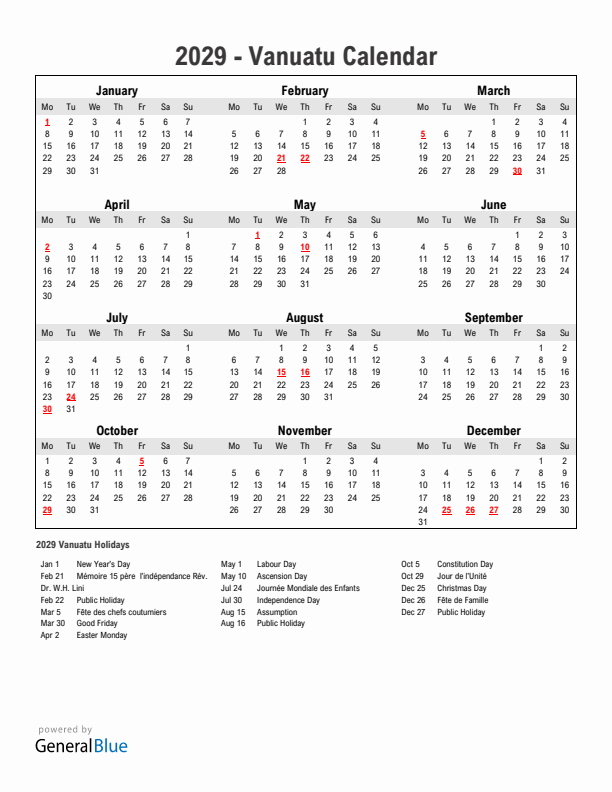 Year 2029 Simple Calendar With Holidays in Vanuatu