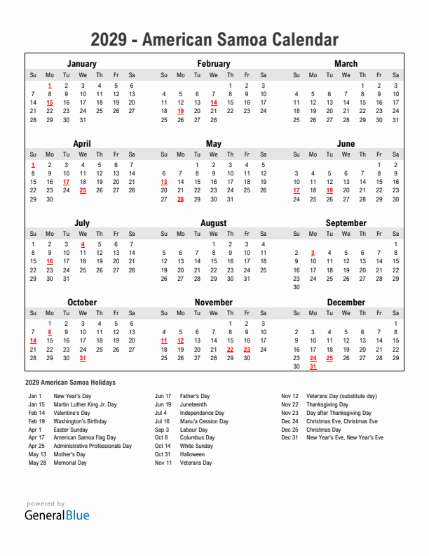 Year 2029 Simple Calendar With Holidays in American Samoa