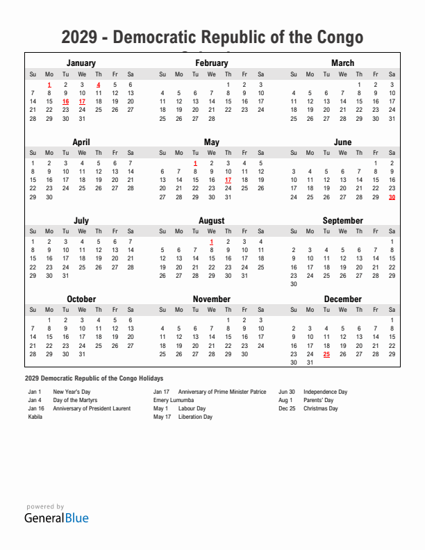 Year 2029 Simple Calendar With Holidays in Democratic Republic of the Congo
