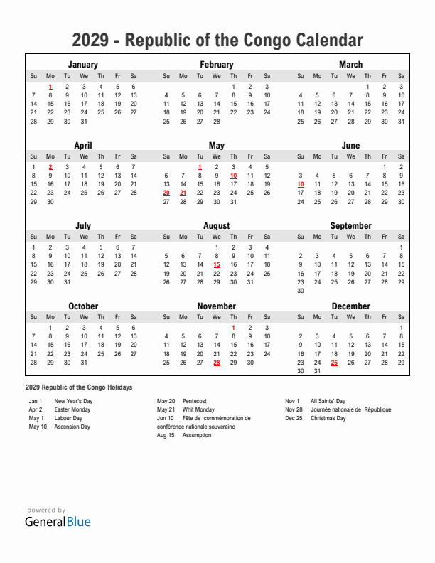 Year 2029 Simple Calendar With Holidays in Republic of the Congo