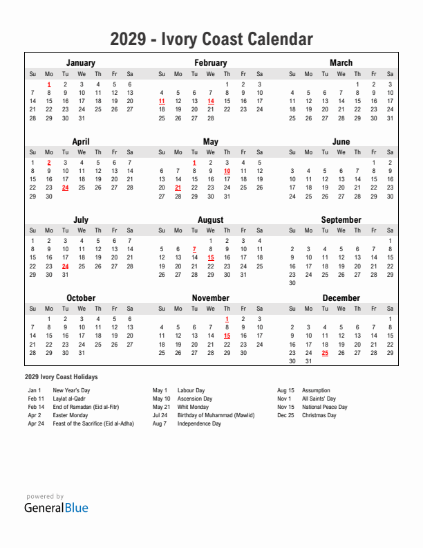 Year 2029 Simple Calendar With Holidays in Ivory Coast