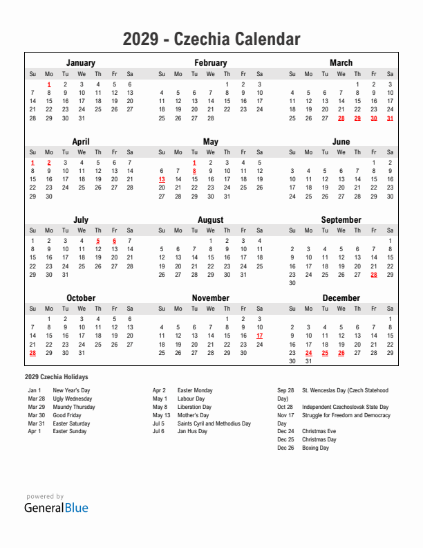 Year 2029 Simple Calendar With Holidays in Czechia