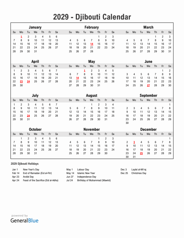 Year 2029 Simple Calendar With Holidays in Djibouti