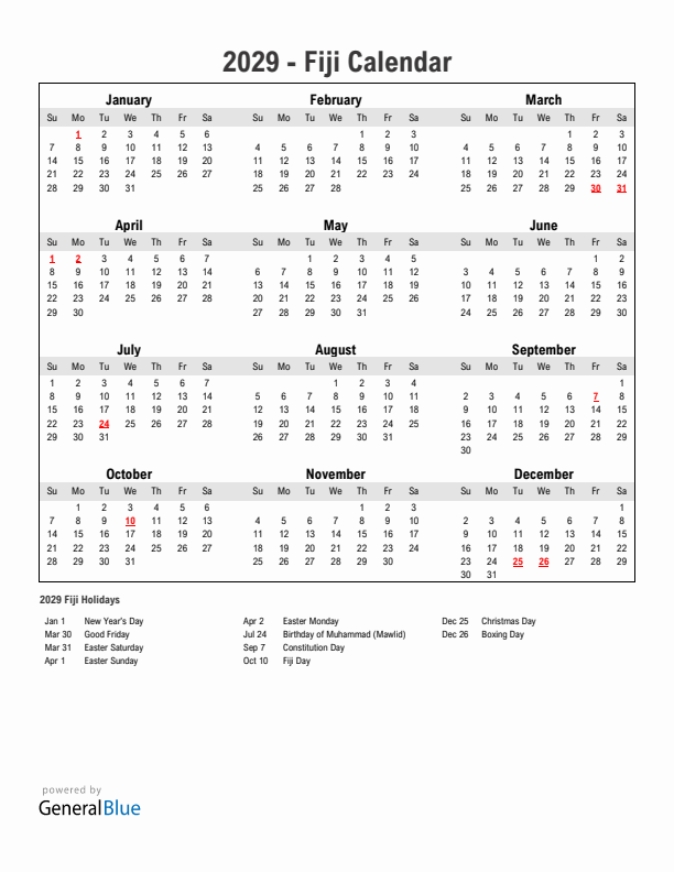 Year 2029 Simple Calendar With Holidays in Fiji