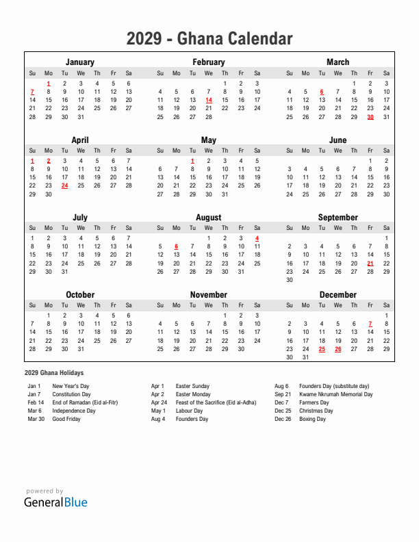 Year 2029 Simple Calendar With Holidays in Ghana