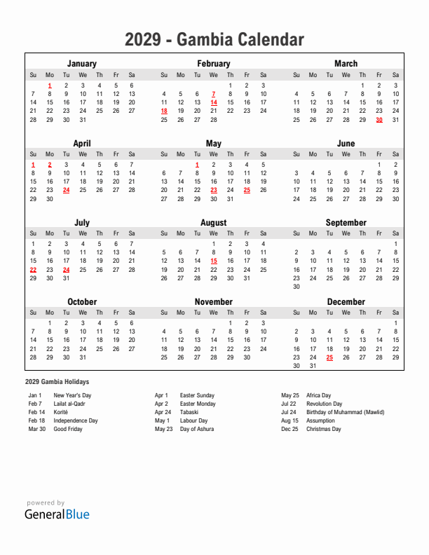 Year 2029 Simple Calendar With Holidays in Gambia