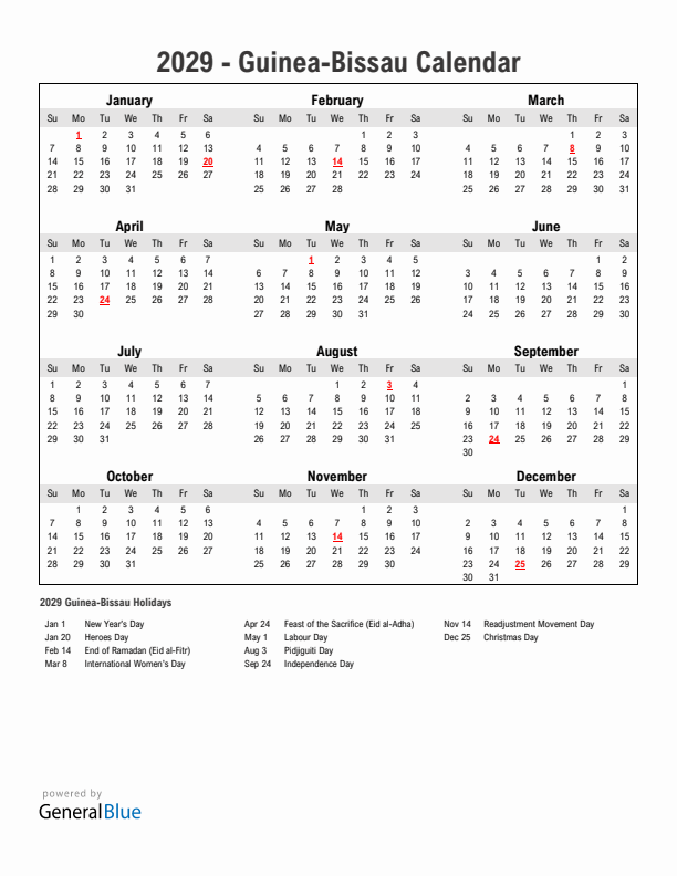 Year 2029 Simple Calendar With Holidays in Guinea-Bissau
