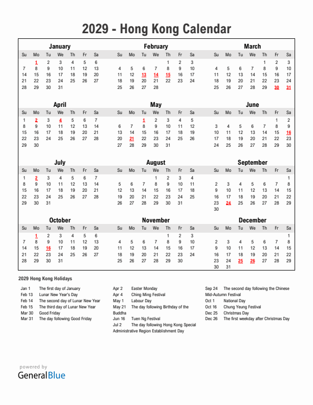 Year 2029 Simple Calendar With Holidays in Hong Kong