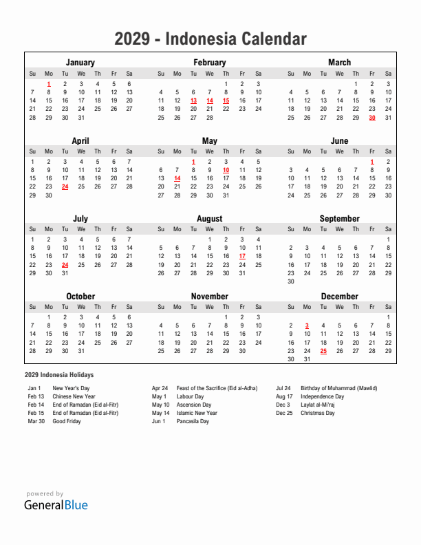 Year 2029 Simple Calendar With Holidays in Indonesia