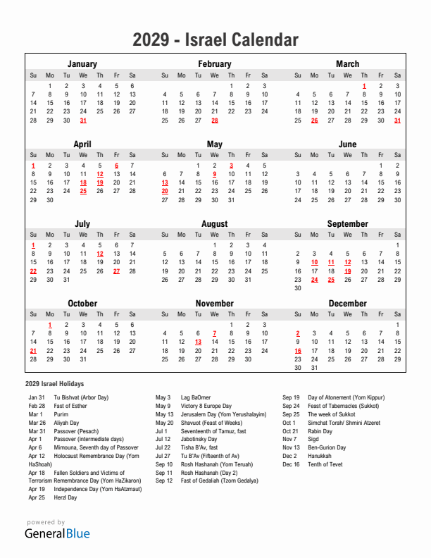 Year 2029 Simple Calendar With Holidays in Israel