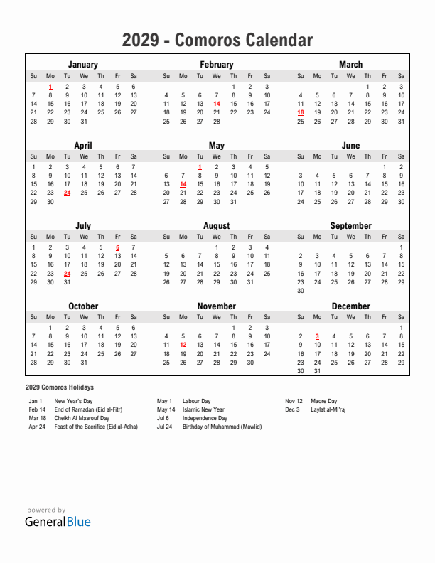 Year 2029 Simple Calendar With Holidays in Comoros