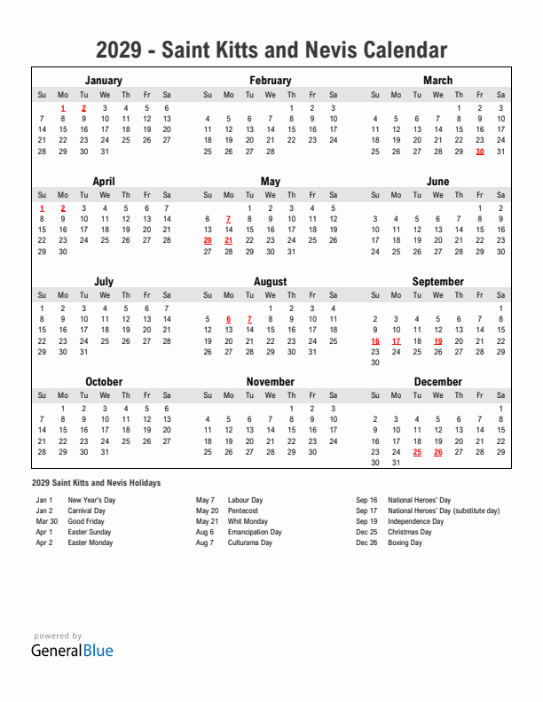 Year 2029 Simple Calendar With Holidays in Saint Kitts and Nevis