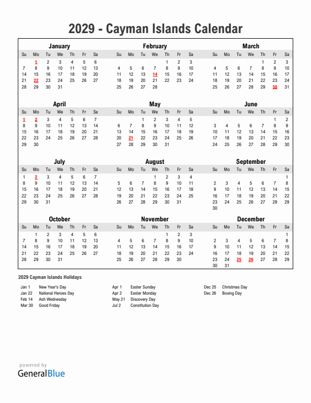 Year 2029 Simple Calendar With Holidays in Cayman Islands
