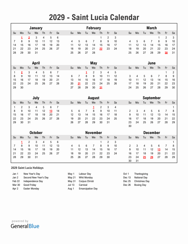 Year 2029 Simple Calendar With Holidays in Saint Lucia