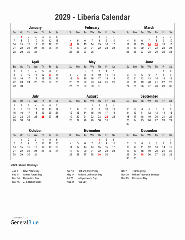 Year 2029 Simple Calendar With Holidays in Liberia
