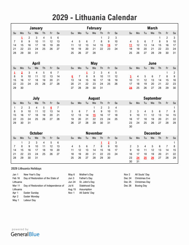 Year 2029 Simple Calendar With Holidays in Lithuania