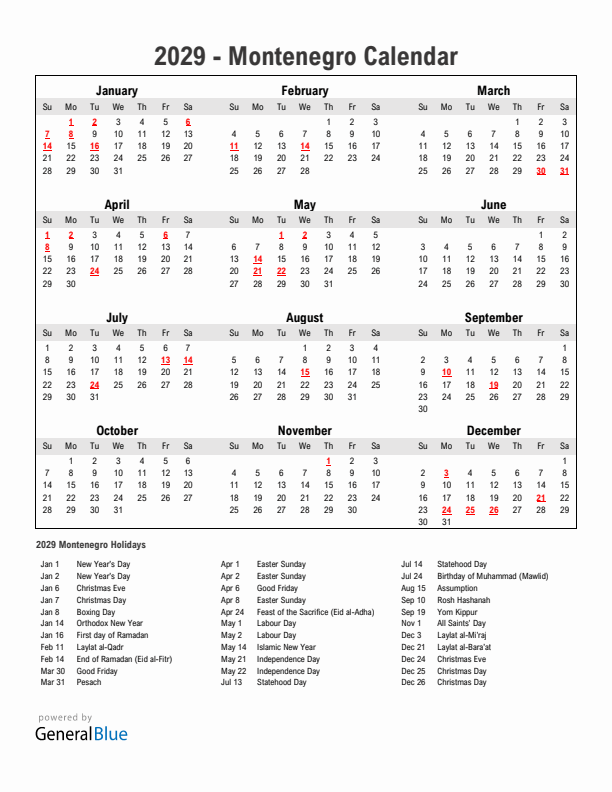Year 2029 Simple Calendar With Holidays in Montenegro