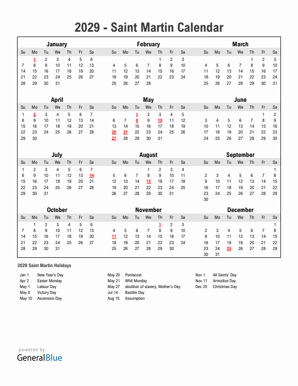 Year 2029 Simple Calendar With Holidays in Saint Martin