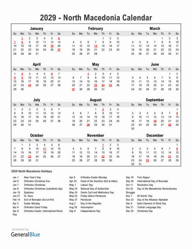 Year 2029 Simple Calendar With Holidays in North Macedonia