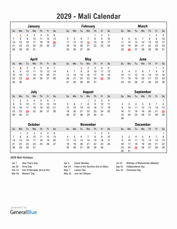 Year 2029 Simple Calendar With Holidays in Mali