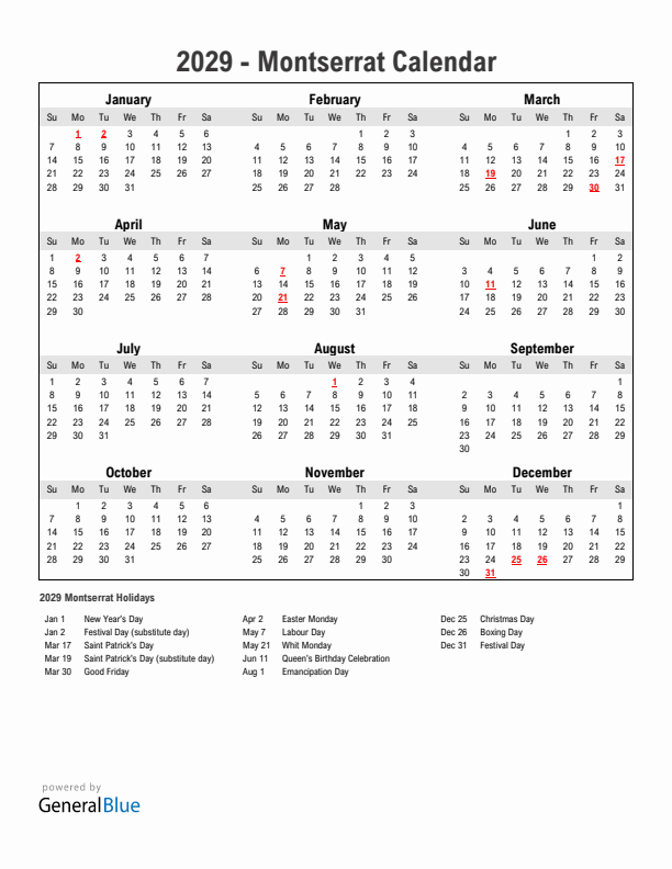 Year 2029 Simple Calendar With Holidays in Montserrat