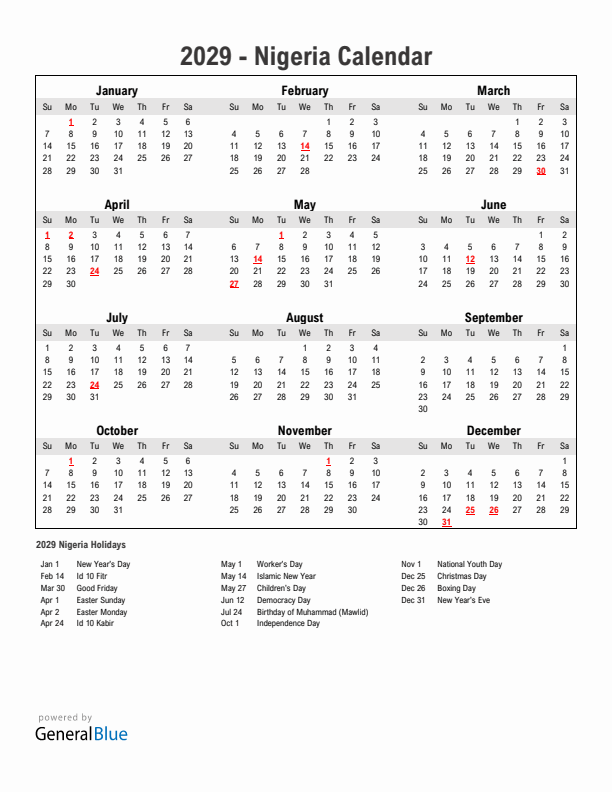 Year 2029 Simple Calendar With Holidays in Nigeria